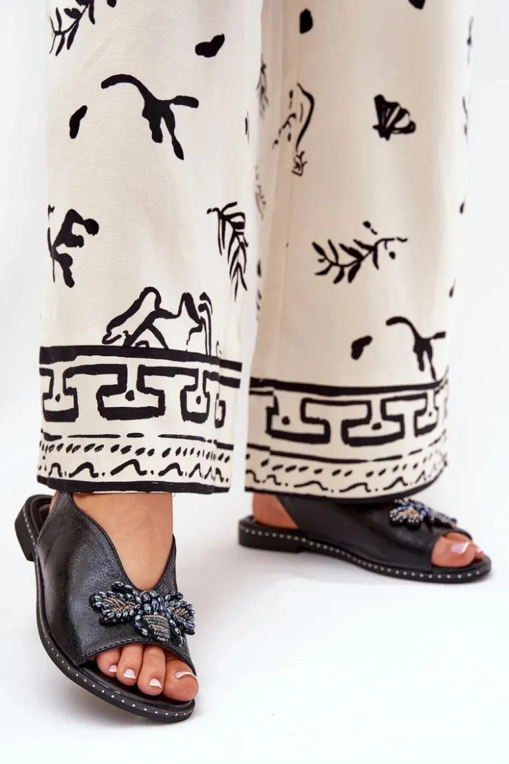 Boto Sandały Płaskie*Połyskujące Sandały Damskie Z Ozdobą Płaskie Czarne Russona Czarny