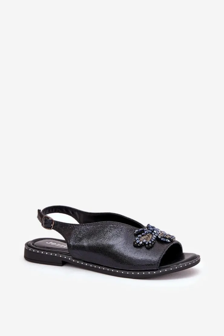 Boto Sandały Płaskie*Połyskujące Sandały Damskie Z Ozdobą Płaskie Czarne Russona Czarny