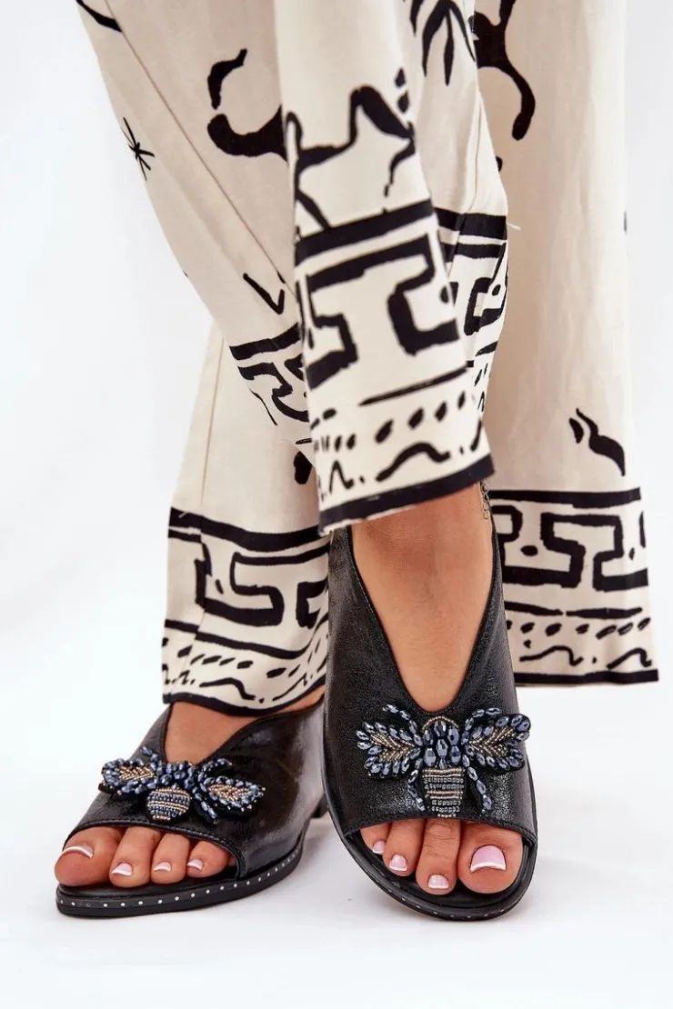 Boto Sandały Płaskie*Połyskujące Sandały Damskie Z Ozdobą Płaskie Czarne Russona Czarny