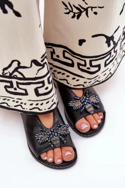 Boto Sandały Płaskie*Połyskujące Sandały Damskie Z Ozdobą Płaskie Czarne Russona Czarny