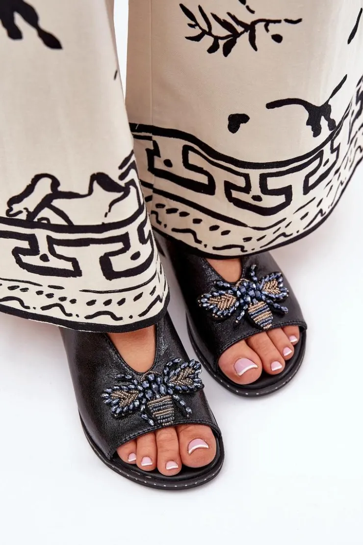 Boto Sandały Płaskie*Połyskujące Sandały Damskie Z Ozdobą Płaskie Czarne Russona Czarny