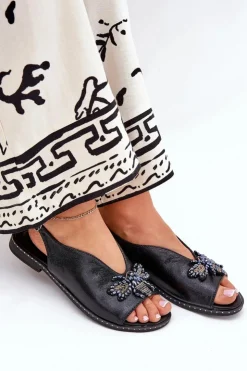 Boto Sandały Płaskie*Połyskujące Sandały Damskie Z Ozdobą Płaskie Czarne Russona Czarny