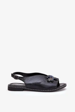 Boto Sandały Płaskie*Połyskujące Sandały Damskie Z Ozdobą Płaskie Czarne Russona Czarny