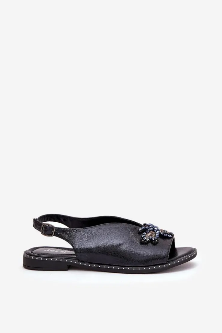 Boto Sandały Płaskie*Połyskujące Sandały Damskie Z Ozdobą Płaskie Czarne Russona Czarny