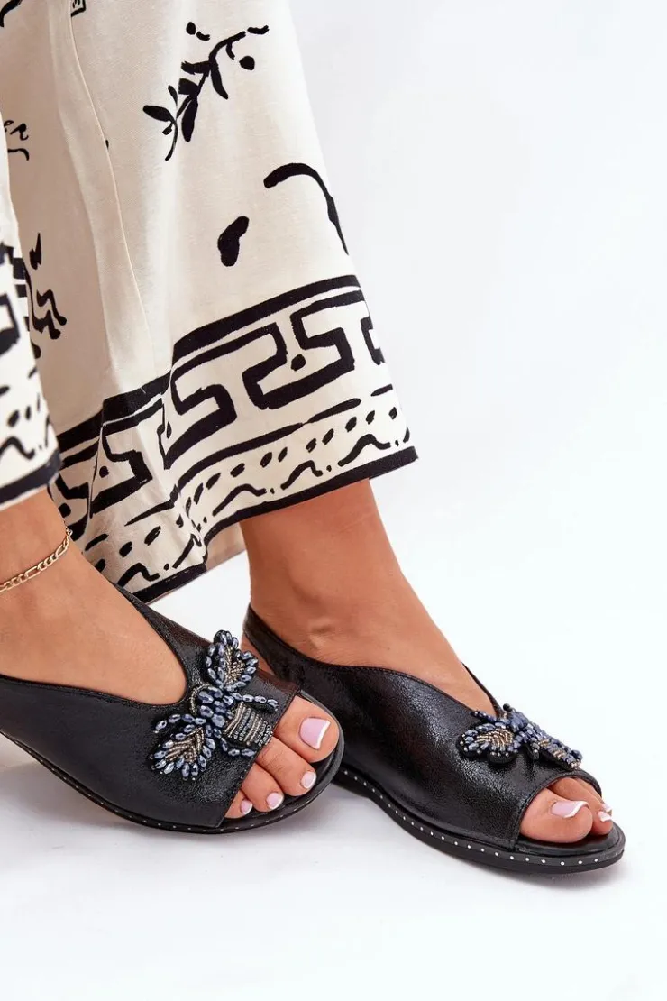 Boto Sandały Płaskie*Połyskujące Sandały Damskie Z Ozdobą Płaskie Czarne Russona Czarny