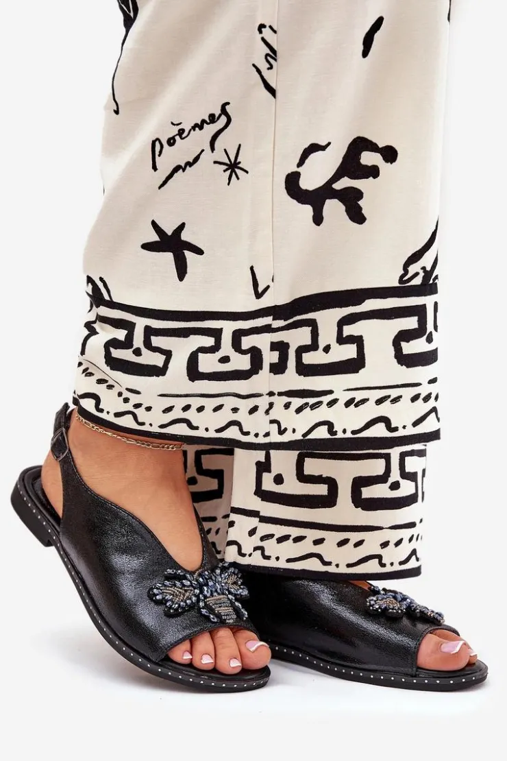 Boto Sandały Płaskie*Połyskujące Sandały Damskie Z Ozdobą Płaskie Czarne Russona Czarny