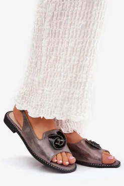 Damskie buty S.Barski Sandały Płaskie*Połyskujące Sandały Damskie Z Ozdobą S.Barski KV51-006 Szare Szary