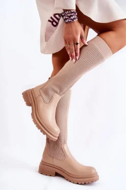 Damskie Boto Prążkowane Damskie Kozaki Na Płaskim Obcasie Beżowe Allys
