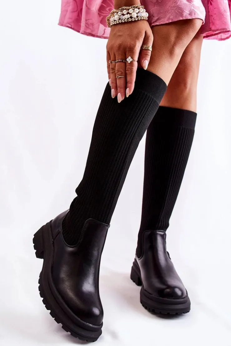 Boto Kozaki Płaskie|Kozaki Przed Kolano*Prążkowane Damskie Kozaki Na Płaskim Obcasie Czarne Allys