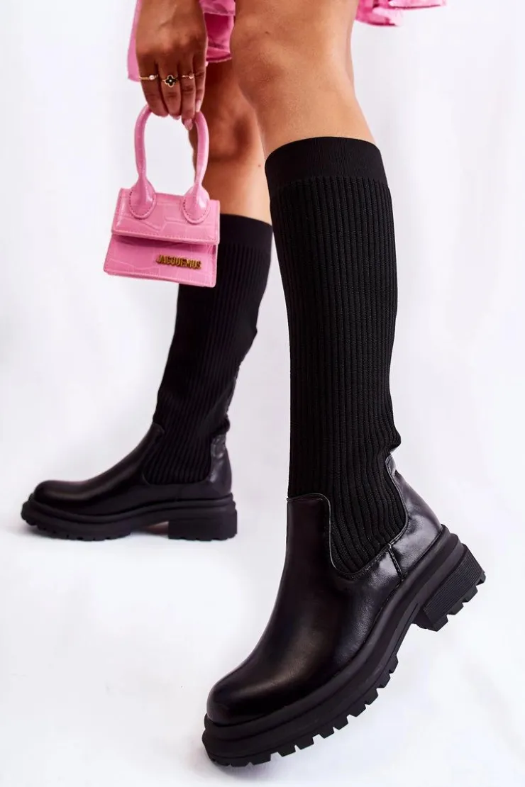 Boto Kozaki Płaskie|Kozaki Przed Kolano*Prążkowane Damskie Kozaki Na Płaskim Obcasie Czarne Allys