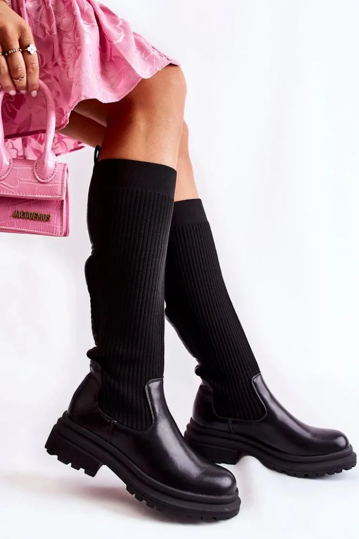 Boto Kozaki Płaskie|Kozaki Przed Kolano*Prążkowane Damskie Kozaki Na Płaskim Obcasie Czarne Allys