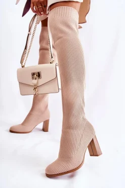 Damskie Boto Prążkowane Klasyczne Kozaki Na Obcasie Beżowe Laossi