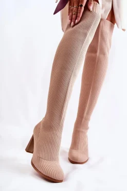 Damskie Boto Prążkowane Klasyczne Kozaki Na Obcasie Beżowe Laossi