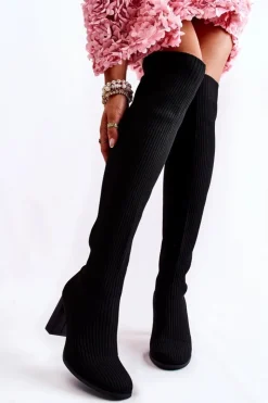 Boto Prążkowane Klasyczne Kozaki Na Obcasie Czarne Laossi