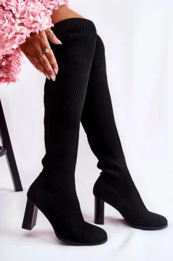 Boto Prążkowane Klasyczne Kozaki Na Obcasie Czarne Laossi