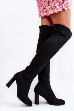 Boto Prążkowane Klasyczne Kozaki Na Obcasie Czarne Laossi