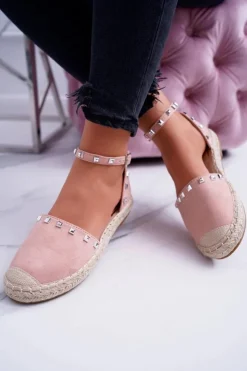 Damskie Boto Różowe Zamszowe Espadryle Balerinki z Ćwiekami Tatiana