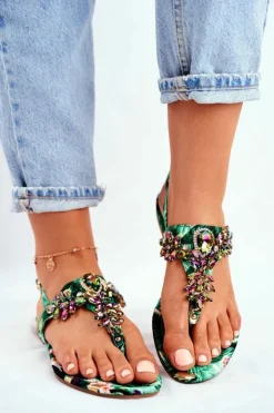 Boto Sandały Płaskie*Sandałki Damskie Eleganckie Japonki Kryształki Zielone Under Control