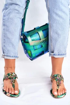 Boto Sandały Płaskie*Sandałki Damskie Eleganckie Japonki Kryształki Zielone Under Control