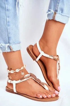 Outlet Boto Sandałki Damskie Eleganckie Japonki Złote Liście Białe Sometimes