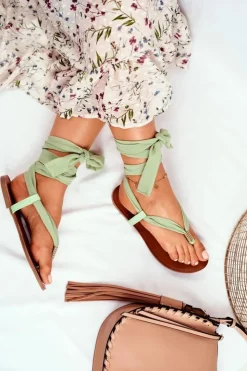 Boto Sandały Płaskie*Sandałki Damskie Japonki Wiązane Zielone Derryl