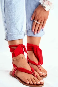 Damskie Boto Sandałki Damskie Japonki Wiązane Czerwone Derryl