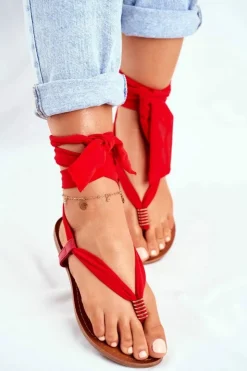 Damskie Boto Sandałki Damskie Japonki Wiązane Czerwone Derryl