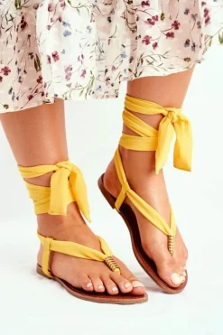 Boto Sandały Płaskie*Sandałki Damskie Japonki Wiązane Żółte Derryl