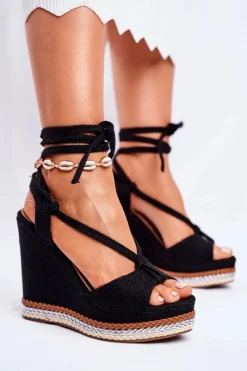 Damskie Boto Sandałki Damskie Na Koturnie Wiązane Czarne Sydney