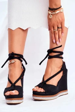 Damskie Boto Sandałki Damskie Na Koturnie Wiązane Czarne Sydney