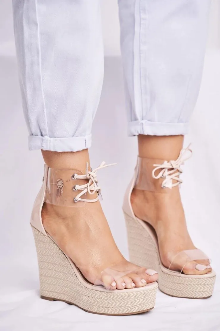 New Boto Sandałki Damskie Na Koturnie Beżowe Beautiful Way