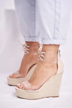 New Boto Sandałki Damskie Na Koturnie Beżowe Beautiful Way