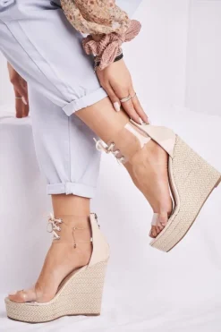 New Boto Sandałki Damskie Na Koturnie Beżowe Beautiful Way