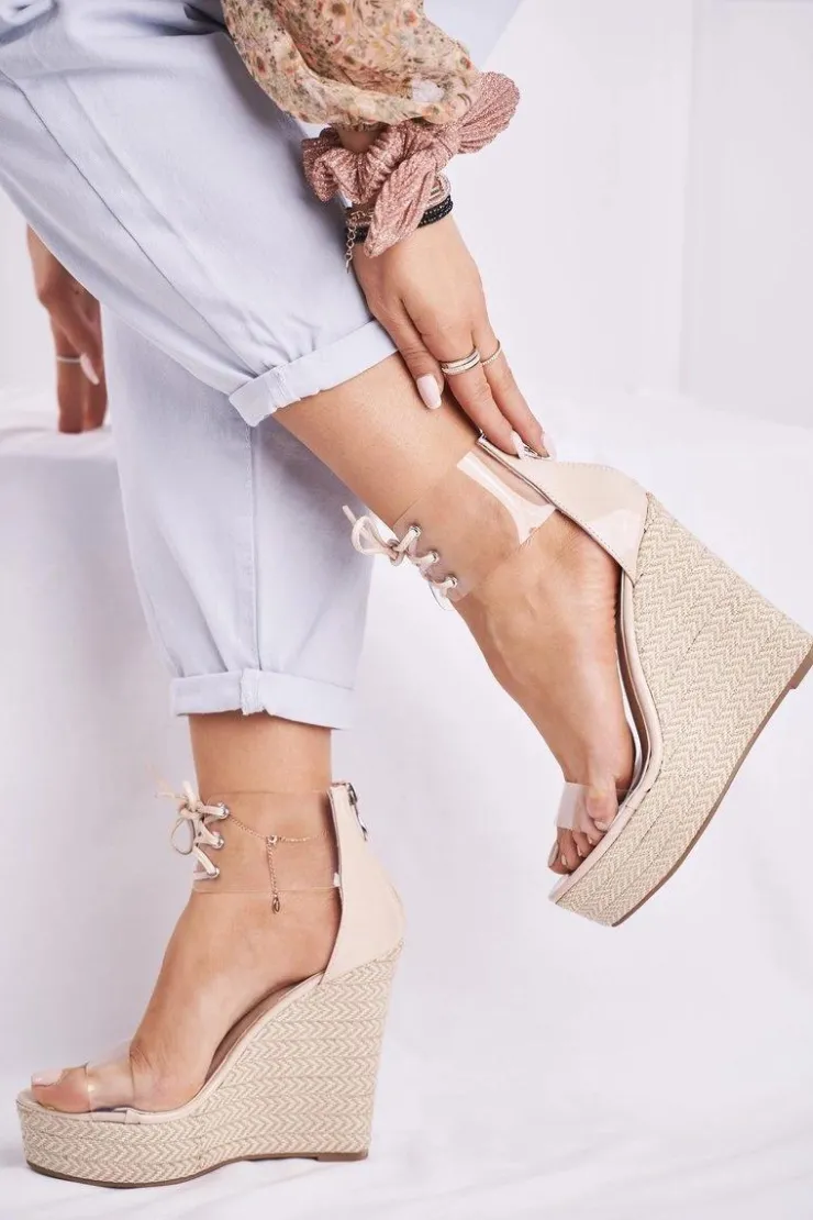 New Boto Sandałki Damskie Na Koturnie Beżowe Beautiful Way