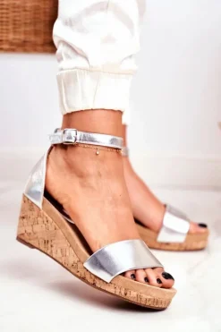 Clearance Boto Sandałki Damskie Na Koturnie Srebrne MarryMe