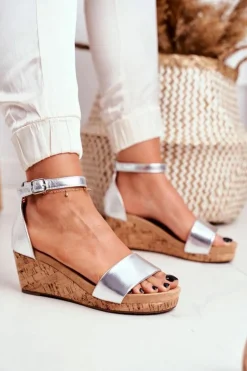 Clearance Boto Sandałki Damskie Na Koturnie Srebrne MarryMe