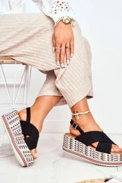 Damskie Boto Sandałki Damskie Na Koturnie espadrylu czarne Sandy