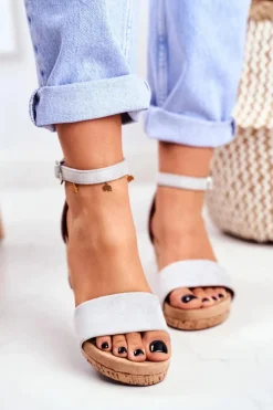 Clearance Boto Sandałki Damskie Na Koturnie Szare MarryMe