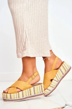 Discount Boto Sandałki Damskie Na Koturnie espadrylu Żółte Sandy