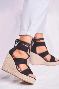 Damskie Boto Sandałki Damskie Na Koturnie espadrylu czarne Beautiful One