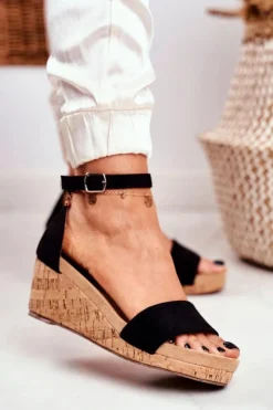 Damskie Boto Sandałki Damskie Na Koturnie Czarne MarryMe