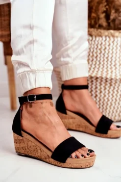 Damskie Boto Sandałki Damskie Na Koturnie Czarne MarryMe