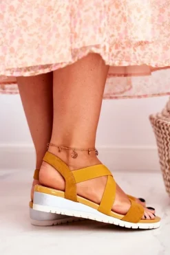 Outlet Boto Sandałki Damskie Na Koturnie Żółte Wsuwane Harper