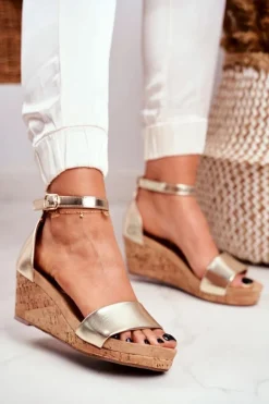 Boto Sandały Na Koturnie*Sandałki Damskie Na Koturnie Złote MarryMe