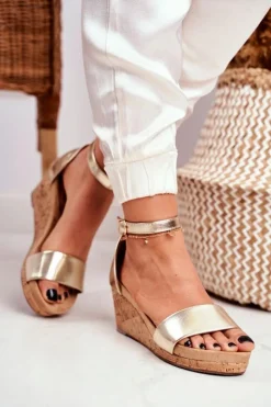 Boto Sandały Na Koturnie*Sandałki Damskie Na Koturnie Złote MarryMe