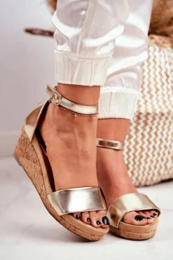 Boto Sandały Na Koturnie*Sandałki Damskie Na Koturnie Złote MarryMe