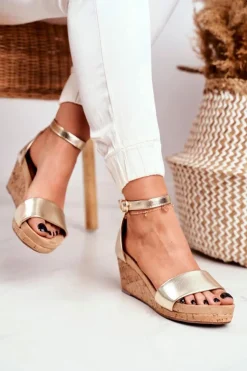 Boto Sandały Na Koturnie*Sandałki Damskie Na Koturnie Złote MarryMe