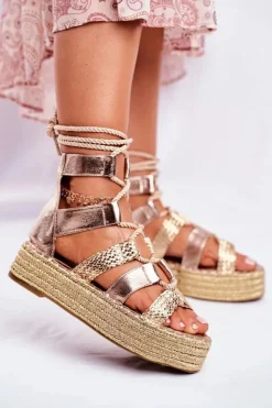 Boto Sandały Na Obcasie*Sandałki Damskie Na Platformie Espadrylu Złote Eromica