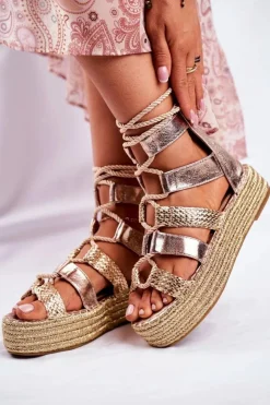 Boto Sandały Na Obcasie*Sandałki Damskie Na Platformie Espadrylu Złote Eromica