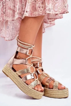 Boto Sandały Na Obcasie*Sandałki Damskie Na Platformie Espadrylu Złote Eromica